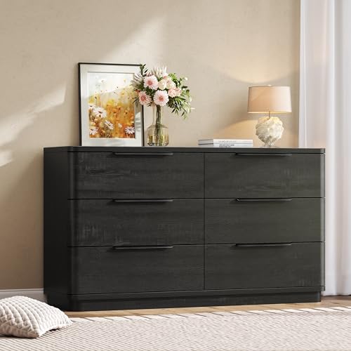 Image of 6 Drawer Dresser for Bedroom, 54 inch Wide Modern Chest of Drawers with Metal Handle, Curved Profile Design, Wooden Black Dresser Closet Clothes Storage TV Stand for Living Room, Hallway
