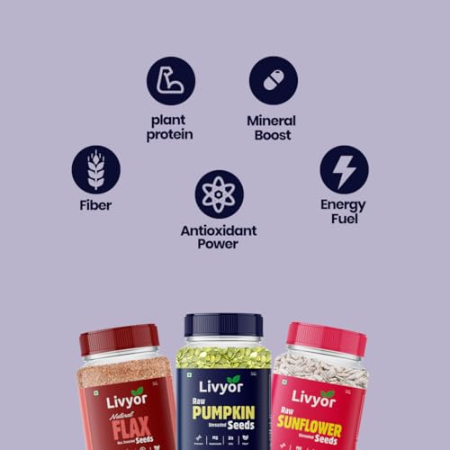 Image of Livyor Raw Seeds Combo for eating 200gx3 | Sunflower Seeds, Pumpkin Seeds, Flax Seeds | Weight management | Healthy and Nutritious | Pack of 3 (600gm)