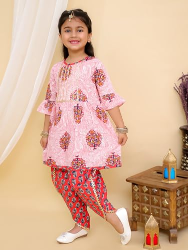 Image of superminis Cotton Blend Baby Girl's Jaipuri Print Frock Style Kurti With Frill Sleeves And Dhoti Style Salwar With Elastic Closure Ethnic Dress Clothing Set