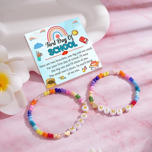 First Day Of Kindergarten Bracelet For Mommy and Me, Back To School 2Pcs/Set Letter Heart Flower Pendant Colorful Beads Silicone Gift Jewelry4