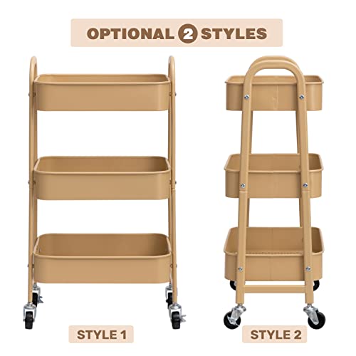 Agtek Makeup Cart, Movable Rolling Organizer Cart, 3 Tier Metal Utility Cart With Lockable Wheels For Home & Office, Golden #TOP5