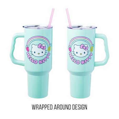 Image of Silver Buffalo Sanrio Hello Kitty Kawaii Strawberry, Pineapple, and Rainbows Stainless Steel Tumbler with Handle and Straw, Fits in Standard Cup Holder, 40 Ounces (Pack of 12)