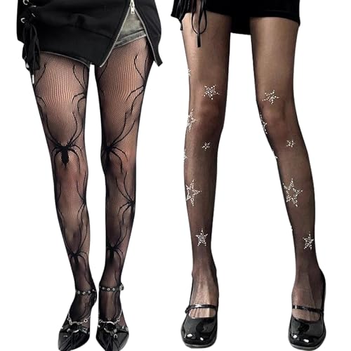 ZXTGBQ 2 Pares de Medias de Mujer con Telarañas y de Estrellas, Medias de Rejilla de Cintura Alta, 80s Sexy Stockings para Halloween Carnaval Cosplay