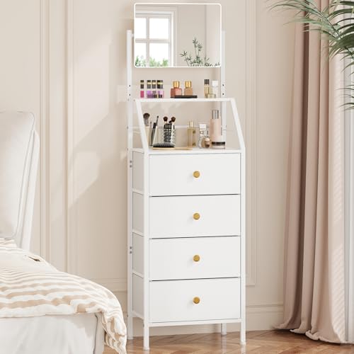 HIGDBFE Dresser with Mirror, 4 Drawers Dresser with 2-Tier Shelves, Freestanding Fabric Chest of Drawers for Small Space, Tall Narrow Nightstand Vanity for Bedroom, Hallway, Dorm, White, 15.3