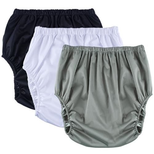 Lot de 3 Culottes en Plastique pour Adulte,Couvre-Couche pour Incontinence Imperméables Réutilisables pour L'Incontinence(Black+white+grey,Large)