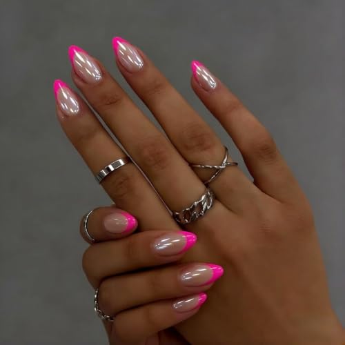 SXVME Chrome Hot Pink French Tip Press on Nails Short Almond Glazed Cute Fake Nails with Sparkle Mirror Design Shiny Glitter Glue on Nails with Glue Stiletto Gel Nail Press ons 30 Pcs 15 Sizes