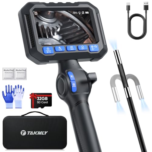 Image of T Takmly Two-Way Articulating Borescope with Light, 210 Steerable 1080P Endoscope Camera, 0.23inch Semi-Rigid Snake Scope, 4.3 inch IPS Screen, 32GB, 5.5FT for Automotive Engine HVAC Wall Mechanics