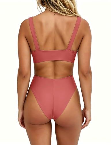 Image of geluboao Bikini Set for Women Solid V Neck Knot Front Push Up High Leg Thong Two Piece Swimsuit