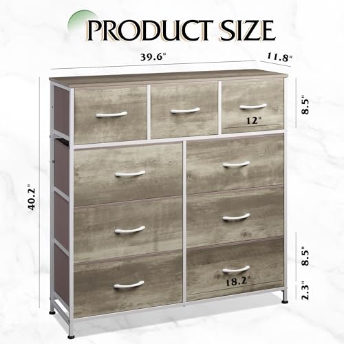 Image of WLIVE 9-Drawer Dresser, Fabric Storage Tower for Bedroom, Hallway, Nursery, Closet, Tall Chest Organizer Unit with Fabric Bins, Steel Frame, Wood Top, Easy Pull Handle, Greige