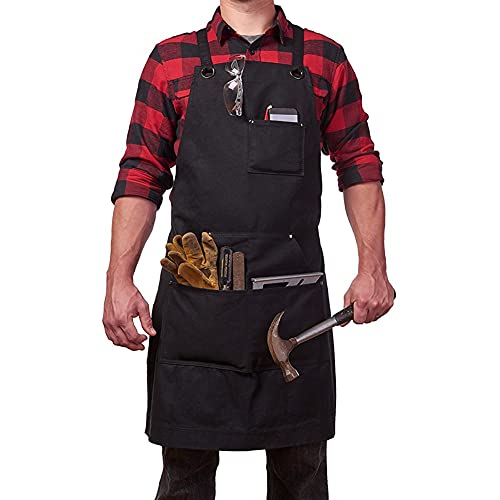 Delantal de Trabajo de Lona, Duradero Delantal para Herramientas Organizadas Hombre y Mujer con 3 Bolsillos para Carpintero Jardín/Pintor/Barrista/Apto para Casa/Camping al Aire libre - Negro