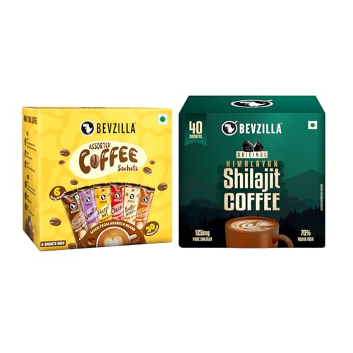 Image of Bevzilla Original Himalayan Shilajit Coffee with Assorted Instant Coffee Sachets | Energy Boosting Combo Pack | 40 x 2.5g Shilajit Coffee + 30 x 2g Instant Coffee | Arabica Beans | Sachets