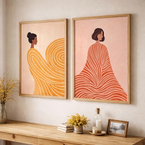 Image of TheMakerly Set of 2 Abstract Woman Framed Wall Painting for Living Room | Modern Aesthetic Wall Art Frame | Minimalist Female Illustration Wall Decor for Bedroom, Hall & Office (M.1, 10x13 inches)