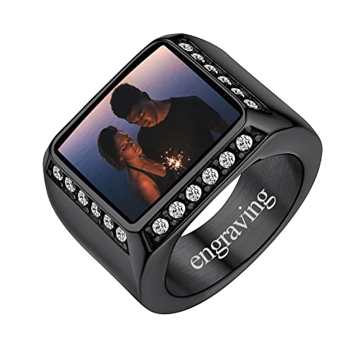 FindChic Customized Signet Photo Rings Square/Heart/Round Chunky Band Ring Stainless Steel/18K Gold Plated/Black Size 7 to 14 Personalized Jewelry for Men Women, Send Gift Box 01. square (bl