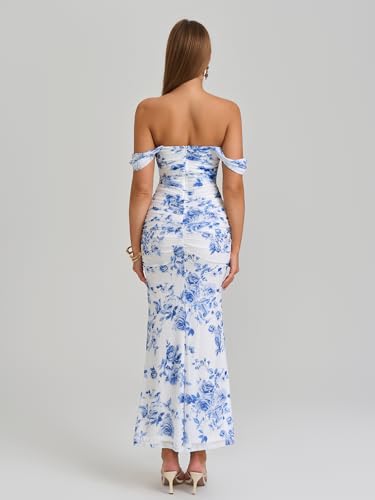 Image of KUTUMAI Off The Shoulder Maxi Long Dress Corset Ruched Bodycon Cocktail Formal Wedding Guest Dresses for Women