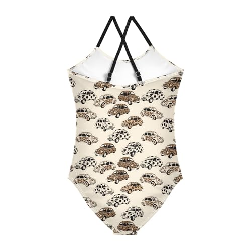 senya Girls Swimsuits One-Piece Swimwear Tie Bathing Suit Beach Summer Round Neck 9-10T Leopard Print Car Pattern2