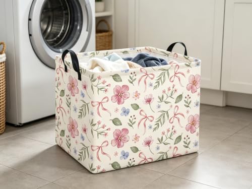 Image of Rectangular Baby Kids Storage Basket for Home Kitchen Girls Cute Toy Storage Bin Organizer Shelf Book Room Decor(Bowknot Flower)