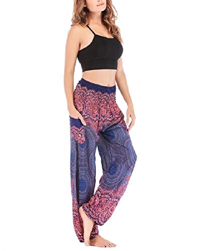 HEFASDM Mulheres Yoga Pilates hippie smocked cintura impressão loungewear calças harem Blue OS