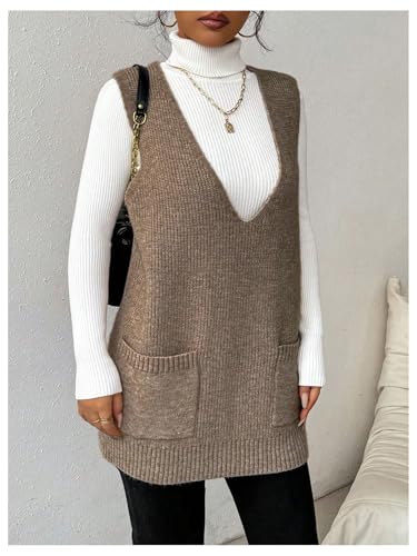 Image of SHENHE Women's Deep V Neck Long Sweater Vest Casual Loose Knit Tunic Pullover with Pockets