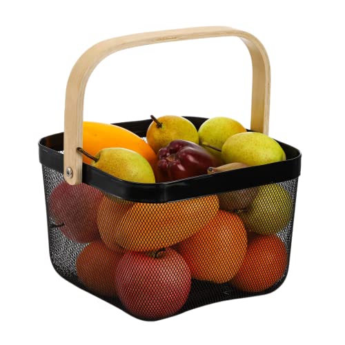 Image of Metal Basket Storage Organizer, Multi-functional Basket with Bamboo Handle for Home Kitchen Picnic Shopping Decor (White)