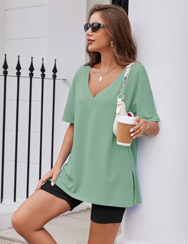 Image of Ekouaer Womens Pajamas 2 Piece Lounge Sets Oversized V Neck T-Shirts Tops Biker Shorts Set Workout Reversible Tracksuit S-XXL