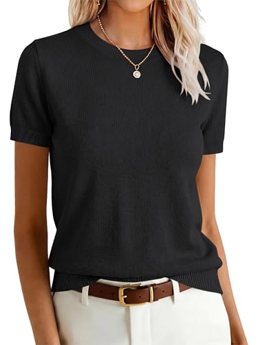 Image of ANRABESS Womens Short Sleeve Sweaters Wool Blend Crew Neck Sweater Shirts Business Casual Work Tops 2026 Summer Outfits