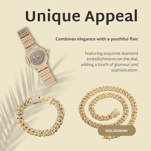 Image of Halukakah Kids' Diamond Watch Sparkling Starry: 18k Real Gold /Platinum Plated,Elegant & Casual Round Dial,Full of Diamonds,Stainless Steel Band Quartz Watch,Present for Boys and Girls