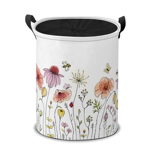 Image of Colorful Boho Wildflowers Laundry Hamper Basket, Garden Plant Herbs Floral Printing Collapsible Portable Laundry Bag, Storage Bins Toys Gifts Basket, Bedroom Home Nursery Decor for Baby Girl Women