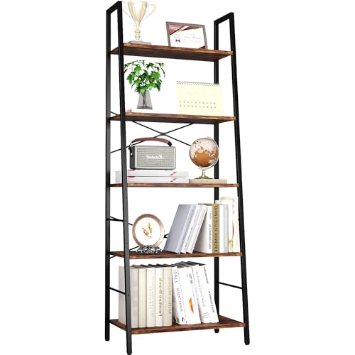 HOMEFORT 5-Tier Ladder Bookshelf, Industrial Vintage Bookcase with Metal Frame, Freestanding Storage Shelf for Home Office, Living Room, Bedroom Rustic Brown