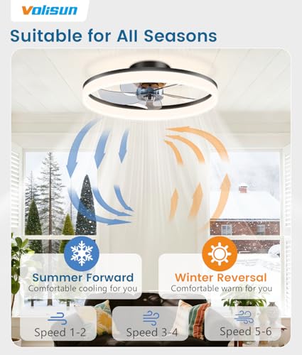 Image of VOLISUN Low Profile Ceiling Fans with Lights and Remote, 20in Fandelier Ceiling Fan Flush Mount, 3000K-6500K Smart Bladeless LED Fan Light, Black Modern Ceiling Fans with Lights for Bedroom