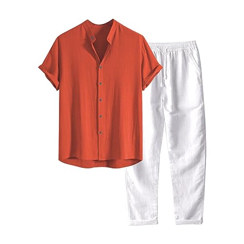 Completo Estivo da Uomo, 2 Pezzi Casual per Spiaggia Tuta Completa in Cotone e Lino Maglietta + Pantaloni con Coulisse Set Uomini