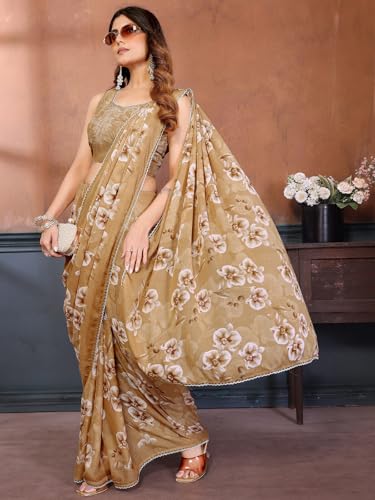 Image of Satrani Women's Georgette Floral Printed Saree with Unstitched Blouse Piece
