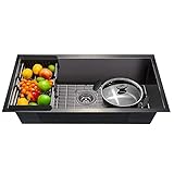 AKDY Gunmetal Matte Black Kitchen Sink, 32-inch Undermount Stainless Steel Single Bowl Sink 32'x18'x9' with Drying Rack & Sink Bottom Grid