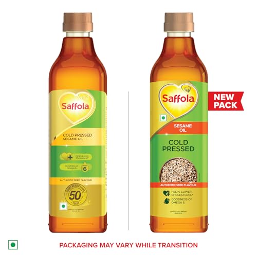 Image of Saffola Cold Pressed Sesame Oil | 100% Cold Pressed Sesame Seed Oil | Unrefined, 0 trans fat, Chemical free | Helps Lower Cholesterol, Goodness of Omega 6 & Authentic Seed Flavour | 1L Pet Bottle