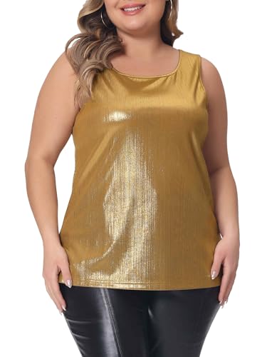 Agnes Orinda Plus Size Metallic Tank Top for Women Scoop Neck Sleeveless Party Clubwear Holographic Shiny Tops - Main Image