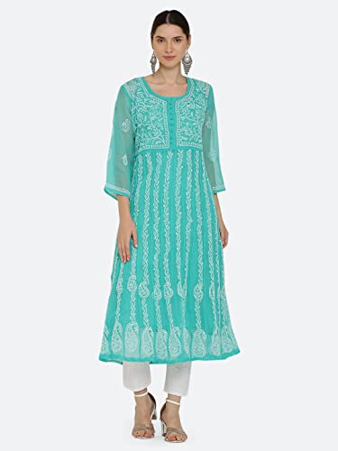 Image of FAWOMENT Women's Georgette Yok Anarkali Kurta with Intricate Lucknowi Chikankari Fine Hand Crafted Embroidery