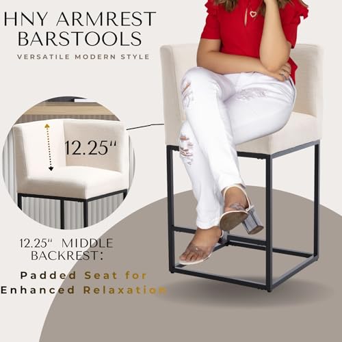 Image of HNY Modern Counter Height Bar Stools Set of 3, Linen Upholstered Contemporary Barstools with Back, 27 Inch Bar Chairs with Black Metal Frame for Kitchen Island, Cream