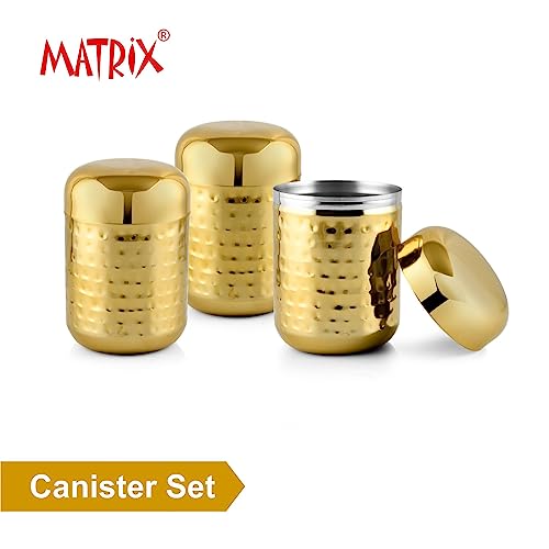 Image of MATRIX Stainless Steel Hammer Finish Capsule shaped Canister Set of 3 | Kitchen Containers Set | Tea Coffee Sugar Canister | 100% Food Grade Stainless Steel Storage Containers (Golden Color Coated)