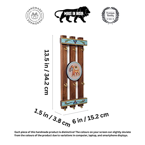 Image of AAKRITI ART CREATIONS Key Holder, Happy Elephants Stripped Key Hangers | Rustic Teak Wood Wall Organizer with 6 Hooks | New Home Gifts | Multifunctional Entryway Decor Item