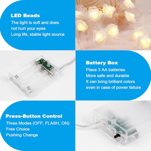 OSDUE Rose Fairy String Lights, 20 PCS LED Rose Fairy Light Battery Powered Bedroom Lights for Valentine's Day Wedding Outdoor Girls Bedroom Mother's Day Birthday Party Decorations,White - Cosy Home Interiors OSDUE Rose Fairy String Lights, 20 PCS LED Rose Fairy Light Battery Powered Bedroom Lights for Valentine's Day Wedding Outdoor Girls Bedroom Mother's Day Birthday Party Decorations,White - Image 3