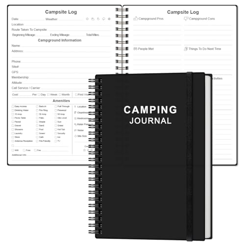 Heveboik Camping Journal and RV Travel Log Book - A5 Outdoor Camp & Adventure Journal for 25 Camping, Hiking Journal, Family Travel Books Camper Essentials Camping, 5.8" x 8.5", Black