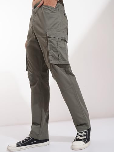 Image of Highlander Men's High-Rise Straight-Fit Cargo Trousers | Utility Pockets | Fashion & Function Blend | Carpenter Fit | Men Trousers | Trousers for Man |Cargo Pants for Men