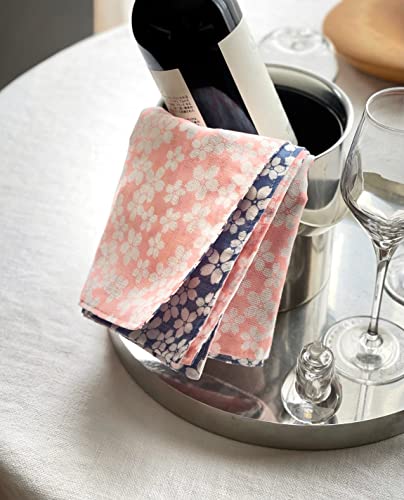 Shirayuki Japanese Tea Towel, Reversible Kyo-Yuzen Dyeing. Made Layered Fine Mesh Cloth. Multipurpose Fabric. Made In Japan (Pink & Blue, Cherry Blossom). #TOP3
