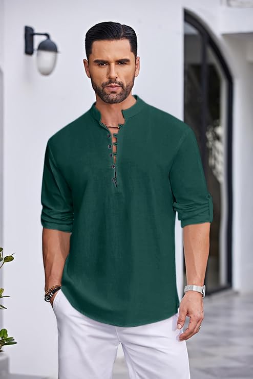 Image of FINIVO FASHION Men's Straight Fit Cotton Blend Kurta with Foldable Sleeves & Formal Collar - Solid Color, Pack of One