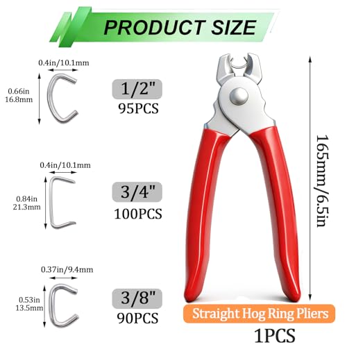 Image of 285 pcs Hog Rings with Straight Hog Ring Pliers Kit 3 /4 inch 1 /2 inch 3 /8 inchGalvanized Hog Rings for Animal Pet Cages、Ropes、Bagging、DIY Craft、Furniture (Pack of 2)