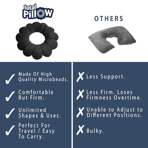 Total Pillow Donut Pillow for Airplane & Travel, Sleeping Neck Pillow, Microbead Comfortable Pillow for Neck, Head, Back, Lumbar & Pelvic Support, Twists to Many Positions - Black