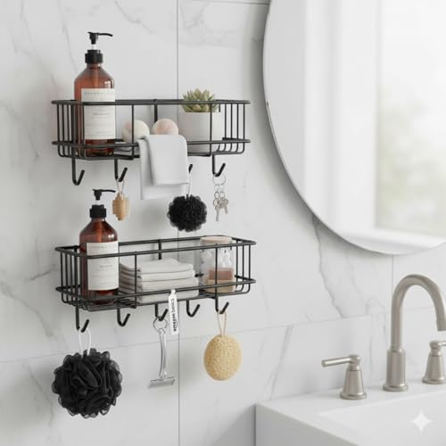 Image of Amazon Basics Wall Mounted Bath Rack with Hooks | Self adhesive| Mild Steel Bathroom Shelf for Toiletries, Loofahs & Razors | Sturdy, Easy to Clean, Rust-Resistant Bathroom Organizer - 28 x 12.2 x 9.6 cm, Pack of 2, Black