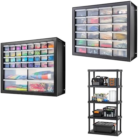 Bundle of IRIS USA 5-Shelf Heavy Duty Plastic Rack + 36 & 24 Drawer Tool Organizers