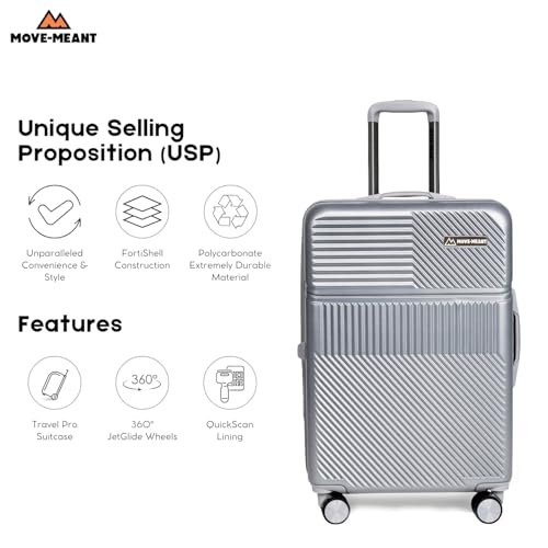 Image of Move-Meant VoyageWare Large Check-in Suitcase 75 Cm 8 Wheels Number Lock Poly Carbonate Silver Trolley Bag for Men & Women | 360 Degree Wheeling System Luggage | Trolley Bags for Travel