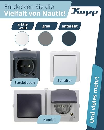 Kopp NAUTIC 2-fach Schutzkontakt-Steckdose mit Klappdeckel in Arktis-Weiß - Sichere Aufputz-Steckdose mit erhöhtem Berührungsschutz - Waagrechter IP44 Feuchtraumsteckdosen-Aufputz 16A / 250V~