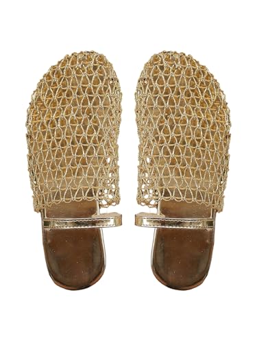 GORGLITTER Women's Fishnet Mesh Close Toe Flat Sandals Metallic Hollow Out Slip On Slides